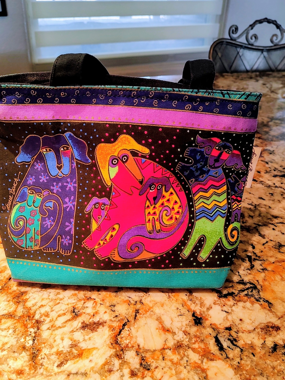 Laurel Burch Black Multicolor Playful Dog Tote with Teal Trim